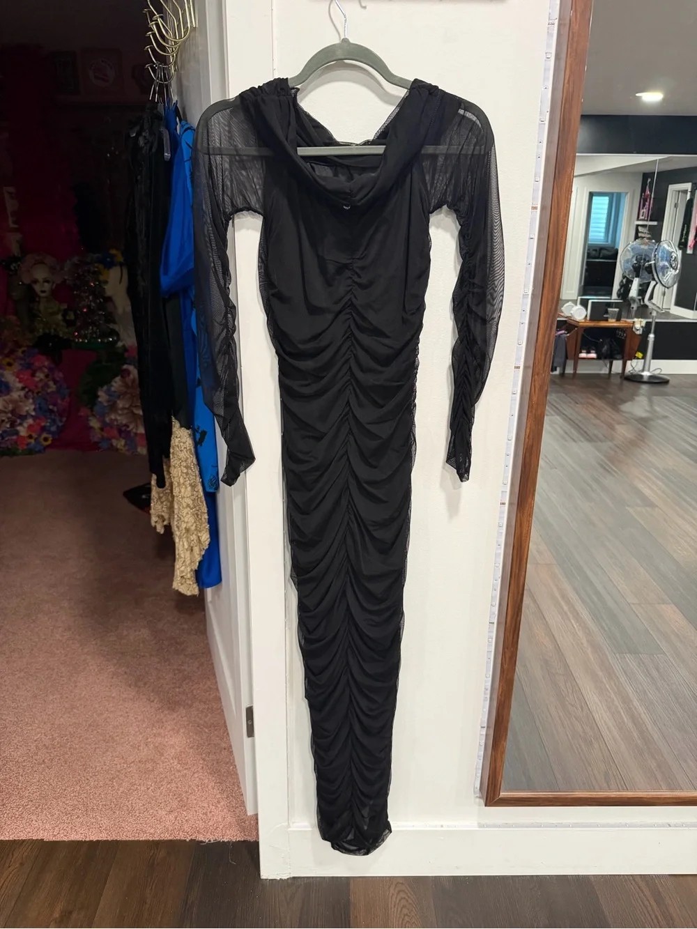 Fashion Nova Black Long Sleeve Sheer Ruched Maxi Dress